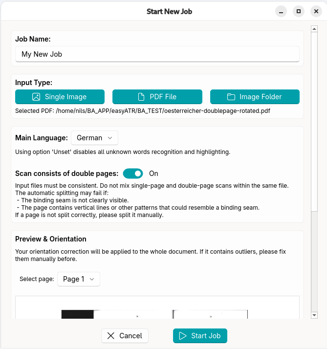 Job creation form with input and processing options